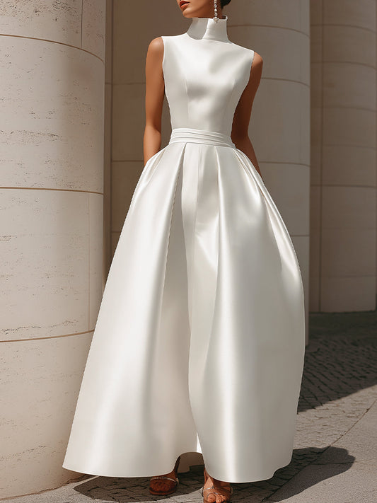 Ethereal High-Neck Sleeveless Satin A-Line Evening Gown